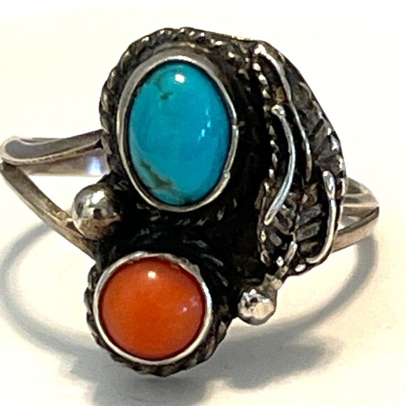 Vtg Navajo Tribal Sterling Silver Turquoise Coral Leaf Ring Southwestern Sz 6.5 - Picture 2 of 10